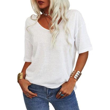 💖2025 Sommar Hot Sale 50% OFF👚Den enfärgade V-Neck T-shirten för kvinno