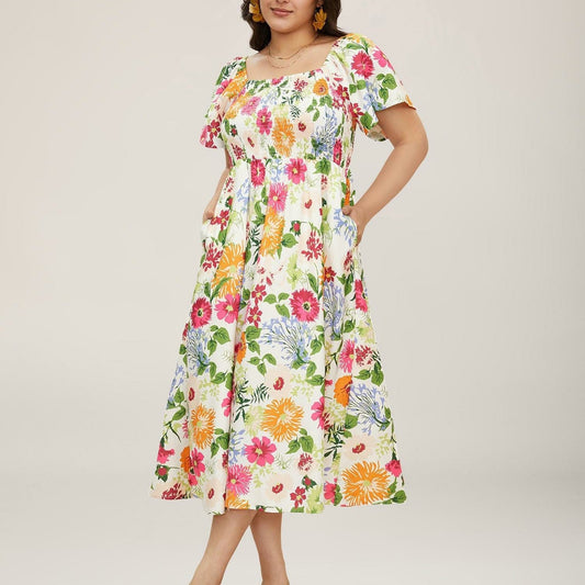 ⏰Sommarrea – 70 % rabatt💃Midi-klänning med blommönster, smockad krage och fickor