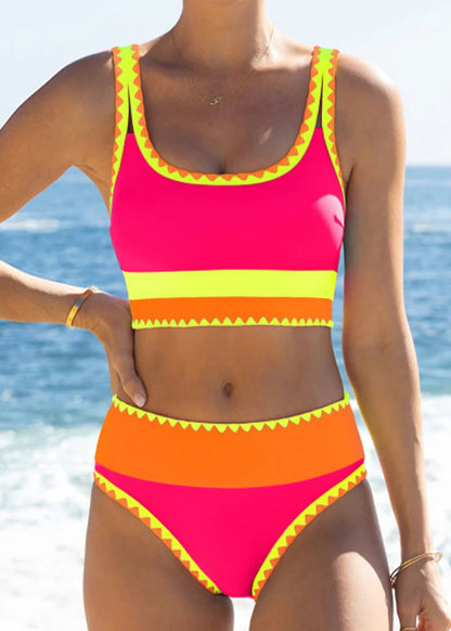 🌼 Färgblockerad Sportig 3-delars Bikiniset i Nylon – Högmidja med Magekontroll 👙