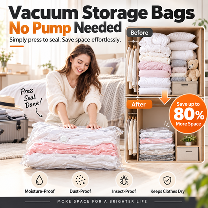 ⏳ENDAST SISTA DAGENS REA!🏆🧳Vakuumförvaringspåsar utan pump – Tryck och förslut, ingen pump behövs. Sparar 80 % utrymme, håller kläderna torra och dammfria. Perfekt för skrymmande sängkläder och utrustning som inte är i säsong. 🛏️🗄️