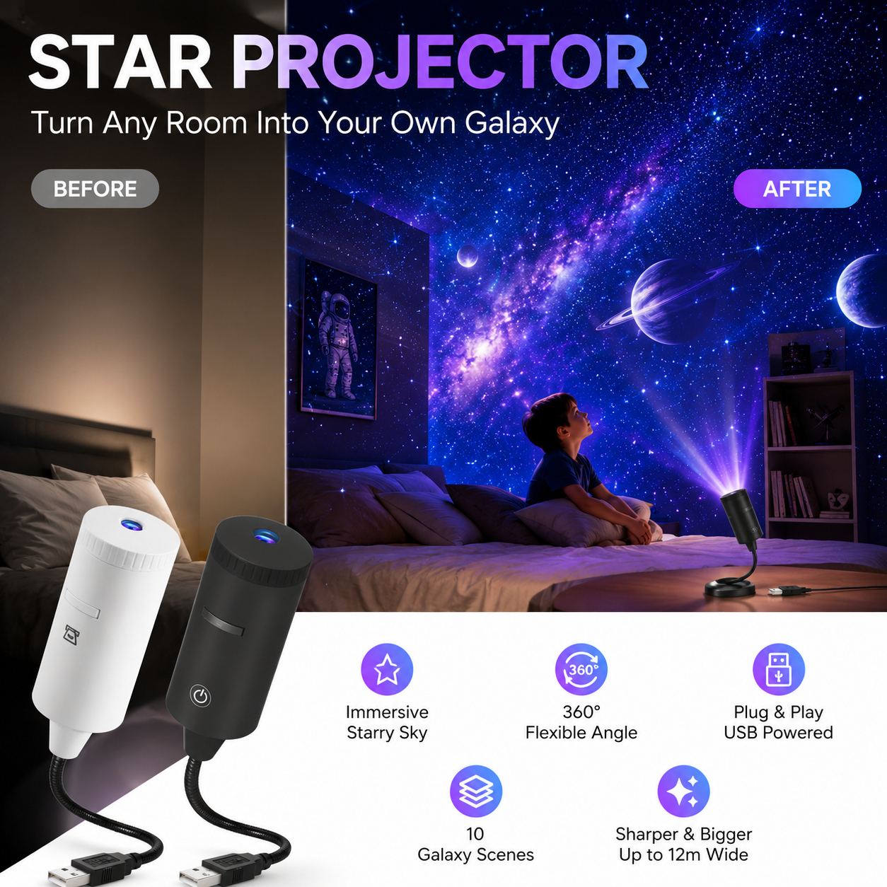 ✨ Plug-and-play-projektor för stjärnhimmel🥳Över 50 000 nöjda användare