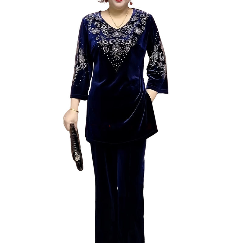 💕Damset med topp och byxor i sammet med strass