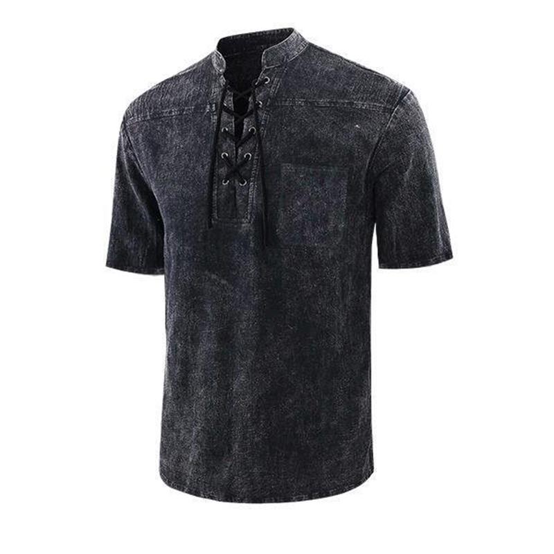 🌸Vårrea: 50 % rabatt👕Gothic-inspirerad retro-T-shirt för män, snörning vid V-ringningen, ficka i linn