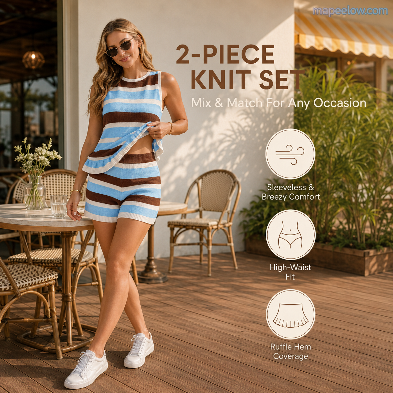 Randig stickad outfit för dam med ärmlös peplum-top och shorts