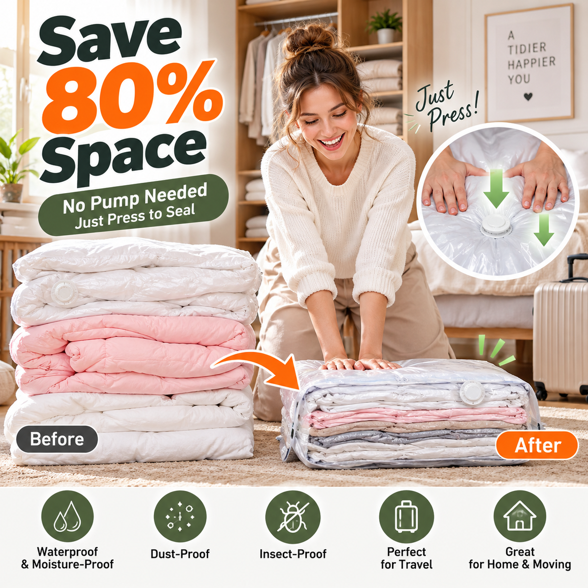 ⏳ENDAST SISTA DAGENS REA!🏆🧳Vakuumförvaringspåsar utan pump – Tryck och förslut, ingen pump behövs. Sparar 80 % utrymme, håller kläderna torra och dammfria. Perfekt för skrymmande sängkläder och utrustning som inte är i säsong. 🛏️🗄️