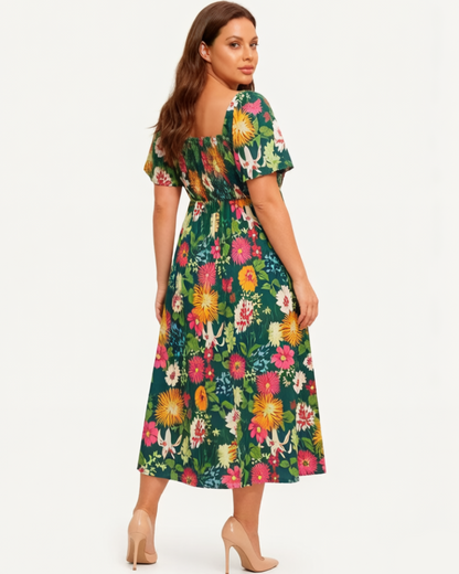 ⏰Sommarrea – 70 % rabatt💃Midi-klänning med blommönster, smockad krage och fickor