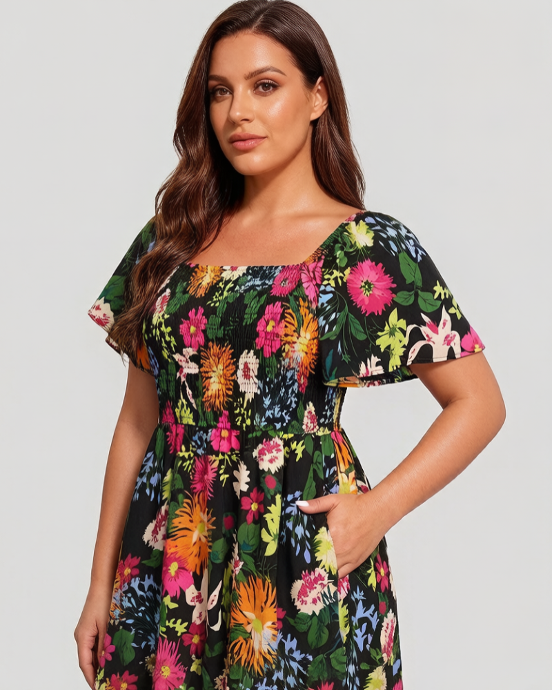 ⏰Sommarrea – 70 % rabatt💃Midi-klänning med blommönster, smockad krage och fickor