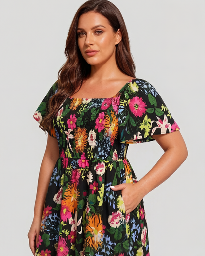 ⏰Sommarrea – 70 % rabatt💃Midi-klänning med blommönster, smockad krage och fickor
