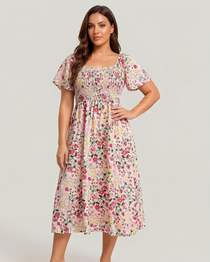 ⏰Sommarrea – 70 % rabatt💃Midi-klänning med blommönster, smockad krage och fickor