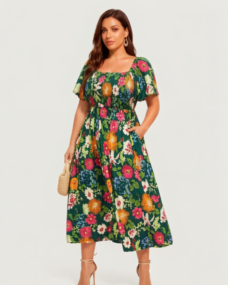 ⏰Sommarrea – 70 % rabatt💃Midi-klänning med blommönster, smockad krage och fickor