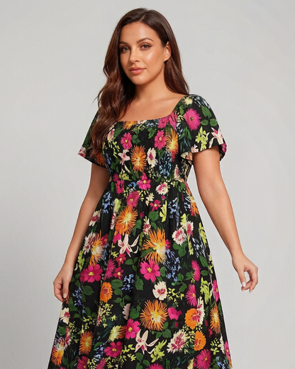 ⏰Sommarrea – 70 % rabatt💃Midi-klänning med blommönster, smockad krage och fickor