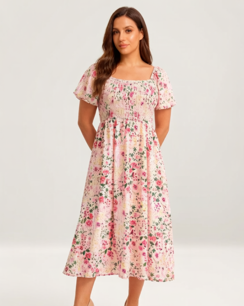 ⏰Sommarrea – 70 % rabatt💃Midi-klänning med blommönster, smockad krage och fickor