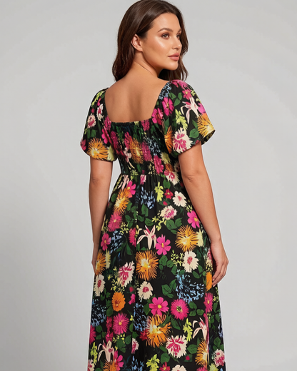 ⏰Sommarrea – 70 % rabatt💃Midi-klänning med blommönster, smockad krage och fickor