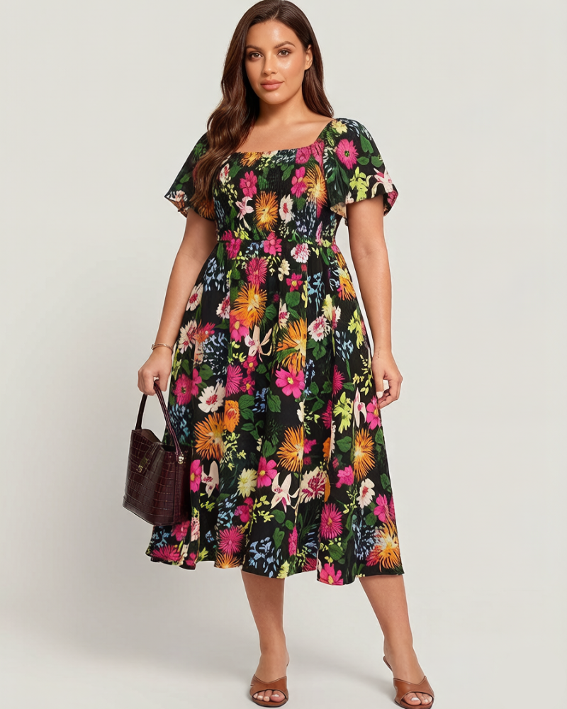 ⏰Sommarrea – 70 % rabatt💃Midi-klänning med blommönster, smockad krage och fickor