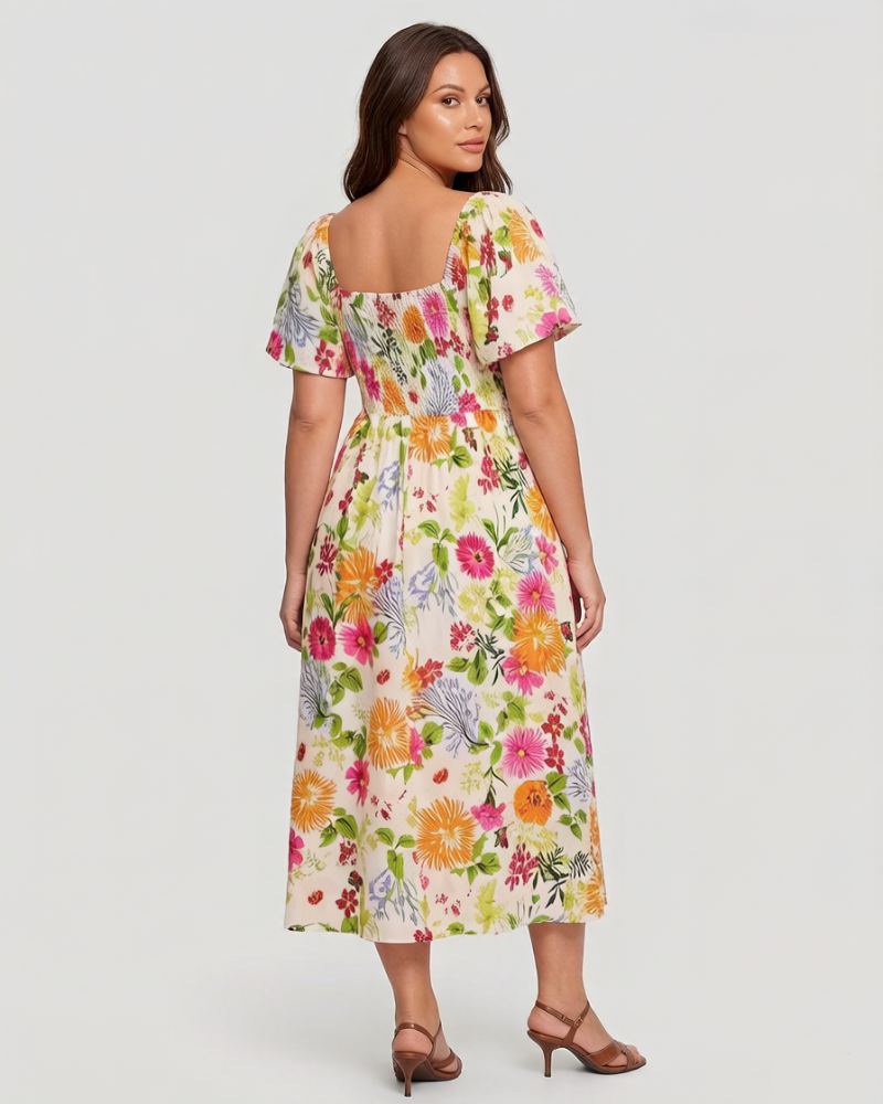 ⏰Sommarrea – 70 % rabatt💃Midi-klänning med blommönster, smockad krage och fickor