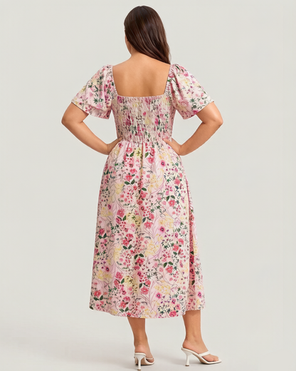 ⏰Sommarrea – 70 % rabatt💃Midi-klänning med blommönster, smockad krage och fickor