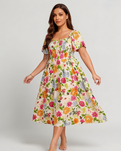 ⏰Sommarrea – 70 % rabatt💃Midi-klänning med blommönster, smockad krage och fickor