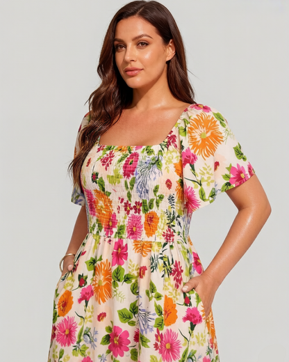 ⏰Sommarrea – 70 % rabatt💃Midi-klänning med blommönster, smockad krage och fickor