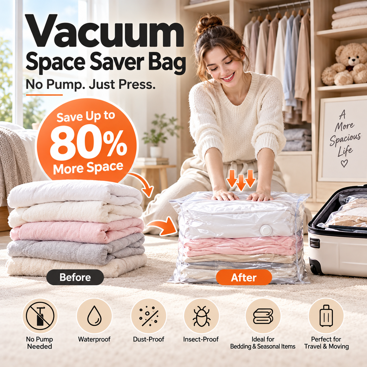 ⏳ENDAST SISTA DAGENS REA!🏆🧳Vakuumförvaringspåsar utan pump – Tryck och förslut, ingen pump behövs. Sparar 80 % utrymme, håller kläderna torra och dammfria. Perfekt för skrymmande sängkläder och utrustning som inte är i säsong. 🛏️🗄️