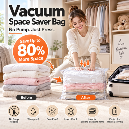 ⏳ENDAST SISTA DAGENS REA!🏆🧳Vakuumförvaringspåsar utan pump – Tryck och förslut, ingen pump behövs. Sparar 80 % utrymme, håller kläderna torra och dammfria. Perfekt för skrymmande sängkläder och utrustning som inte är i säsong. 🛏️🗄️