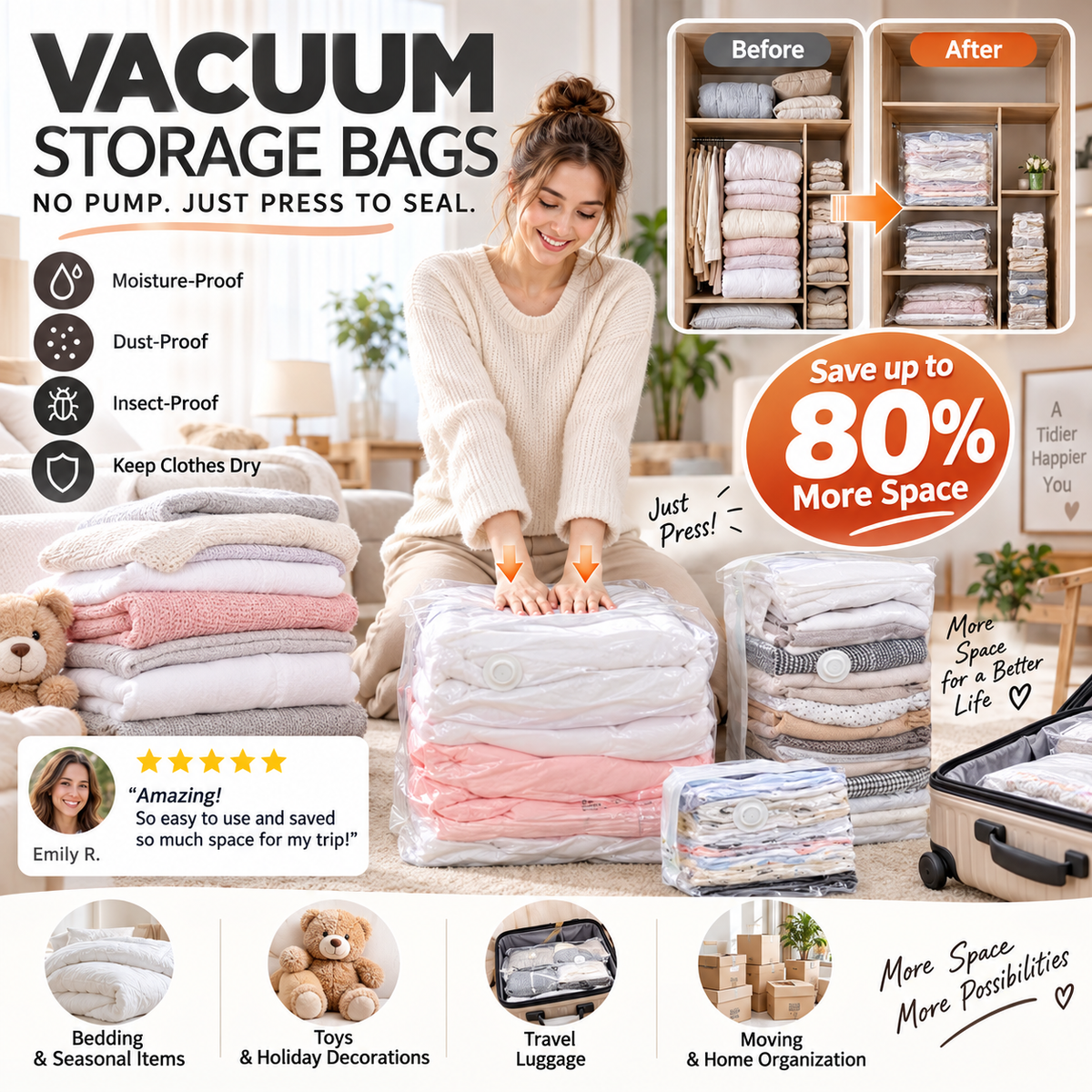 ⏳ENDAST SISTA DAGENS REA!🏆🧳Vakuumförvaringspåsar utan pump – Tryck och förslut, ingen pump behövs. Sparar 80 % utrymme, håller kläderna torra och dammfria. Perfekt för skrymmande sängkläder och utrustning som inte är i säsong. 🛏️🗄️