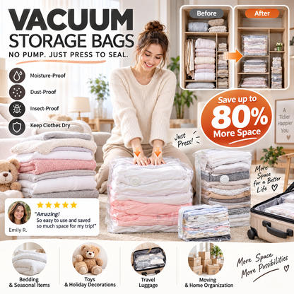 ⏳ENDAST SISTA DAGENS REA!🏆🧳Vakuumförvaringspåsar utan pump – Tryck och förslut, ingen pump behövs. Sparar 80 % utrymme, håller kläderna torra och dammfria. Perfekt för skrymmande sängkläder och utrustning som inte är i säsong. 🛏️🗄️