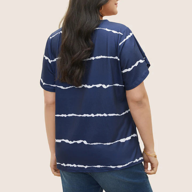 🔥🌷Sista dagen-erbjudande: 50 % rabatt – 👕Randig T-shirt med korta ärmar och V-ringning i stora storlekar för kvinnor
