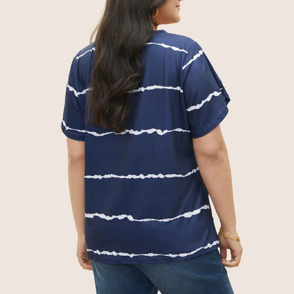 🔥🌷Sista dagen-erbjudande: 50 % rabatt – 👕Randig T-shirt med korta ärmar och V-ringning i stora storlekar för kvinnor