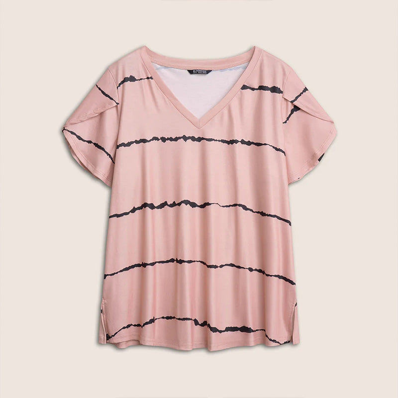 🔥🌷Sista dagen-erbjudande: 50 % rabatt – 👕Randig T-shirt med korta ärmar och V-ringning i stora storlekar för kvinnor