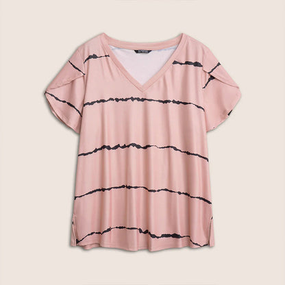 🔥🌷Sista dagen-erbjudande: 50 % rabatt – 👕Randig T-shirt med korta ärmar och V-ringning i stora storlekar för kvinnor