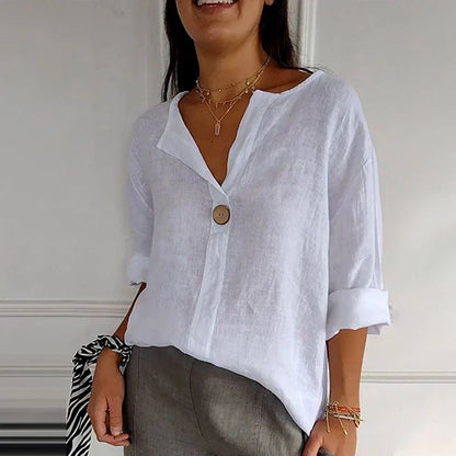 🔥🎁Nyhet 50 % RABATT🔥👚 Bekväm topp med V-ringad hals i linne och bomull för kvinnor