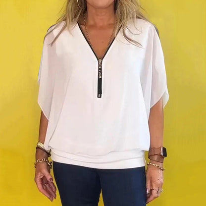 👗Avslappnad damtopp med dragkedja och chiffonghals