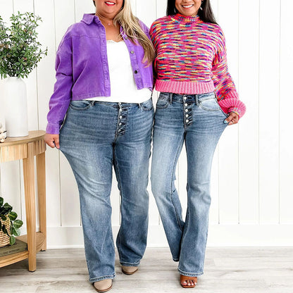 🎁Rabattkampanj: 50 % rabatt👖Jeans med medelhög midja, knäppning och utsvängda be