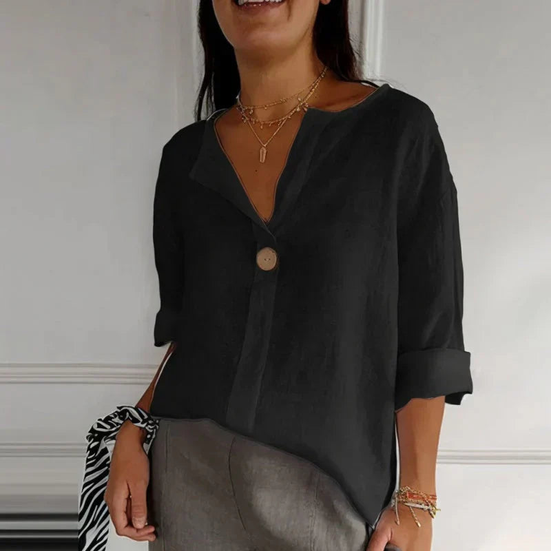 🔥🎁Nyhet 50 % RABATT🔥👚 Bekväm topp med V-ringad hals i linne och bomull för kvinnor
