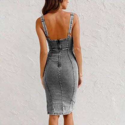 🌸Klädidéer för dejt🌸 Justerbar axelband, U-ringad, slitsad denimklänning med bodycon-mönster och bröstlappar