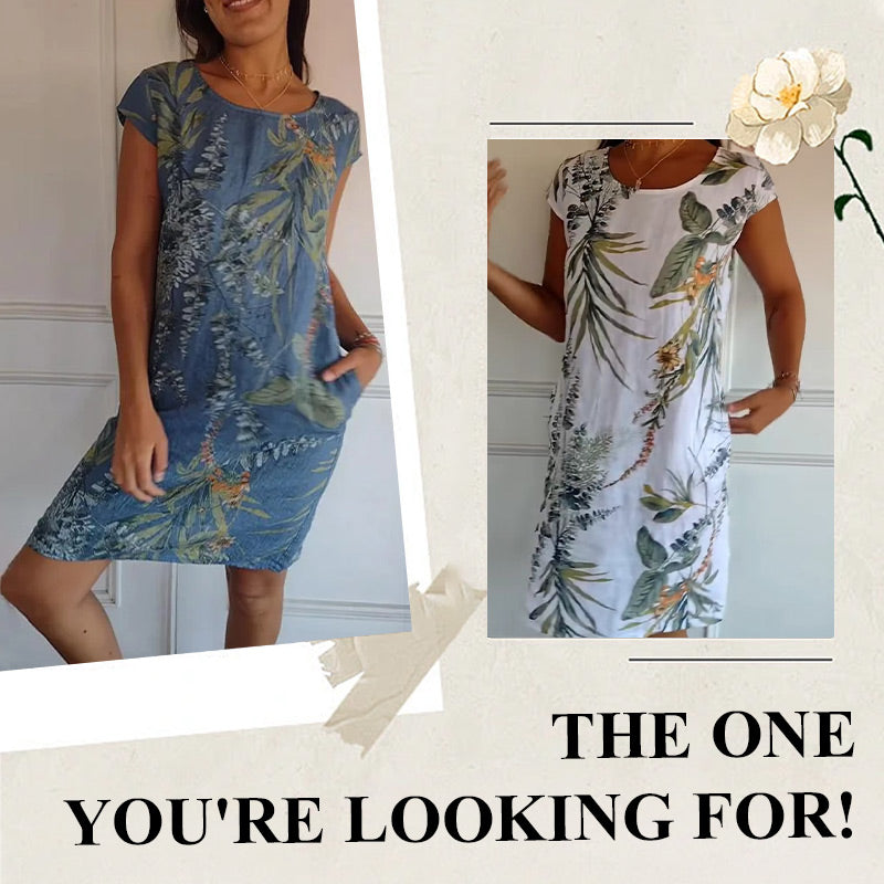 ⏳Tidsbegränsad rabatt✈️Rund hals botaniskt tryck damklänning 💕