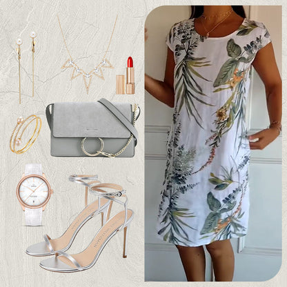 ⏳Tidsbegränsad rabatt✈️Rund hals botaniskt tryck damklänning 💕