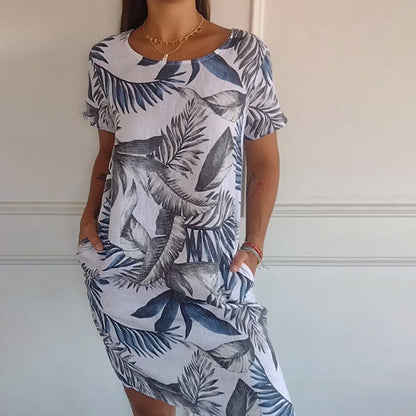 ⏳Tidsbegränsad rabatt✈️Rund hals botaniskt tryck damklänning 💕