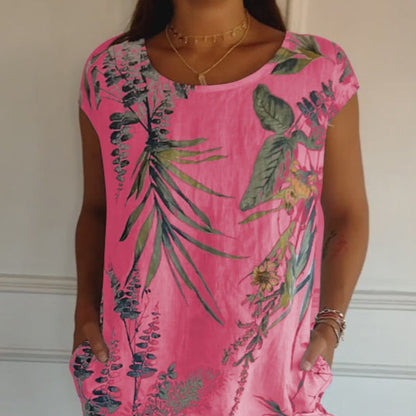 ⏳Tidsbegränsad rabatt✈️Rund hals botaniskt tryck damklänning 💕