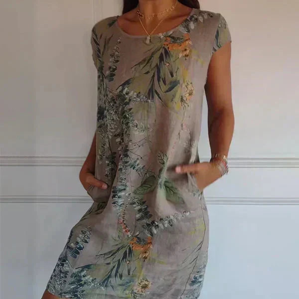 ⏳Tidsbegränsad rabatt✈️Rund hals botaniskt tryck damklänning 💕