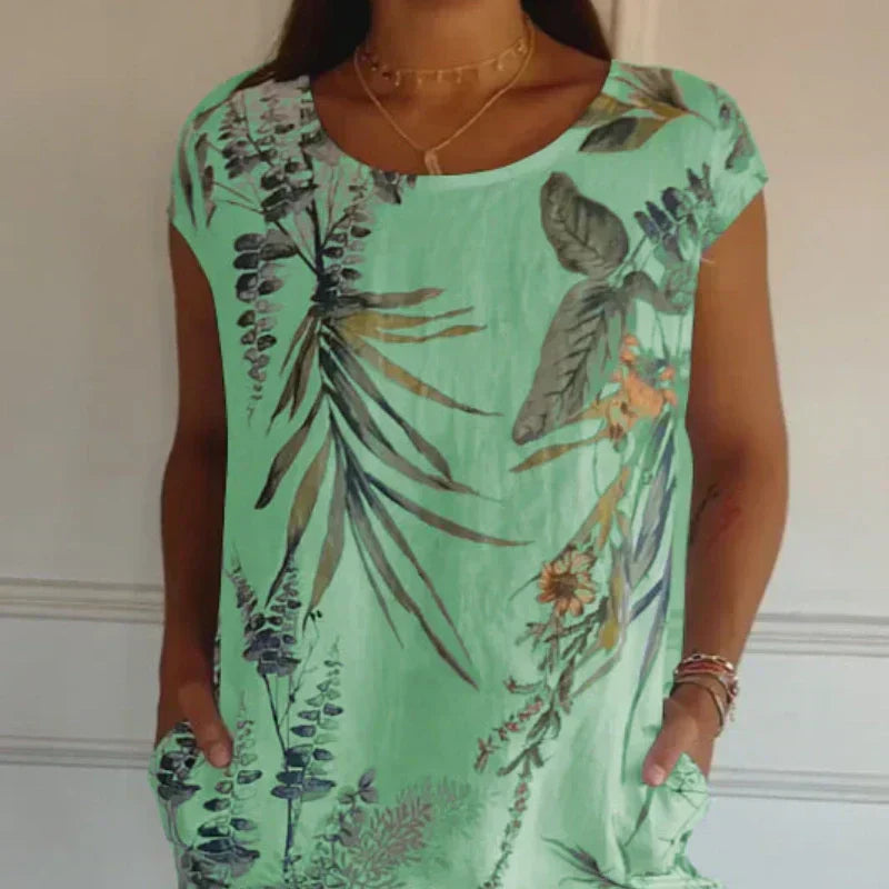 ⏳Tidsbegränsad rabatt✈️Rund hals botaniskt tryck damklänning 💕