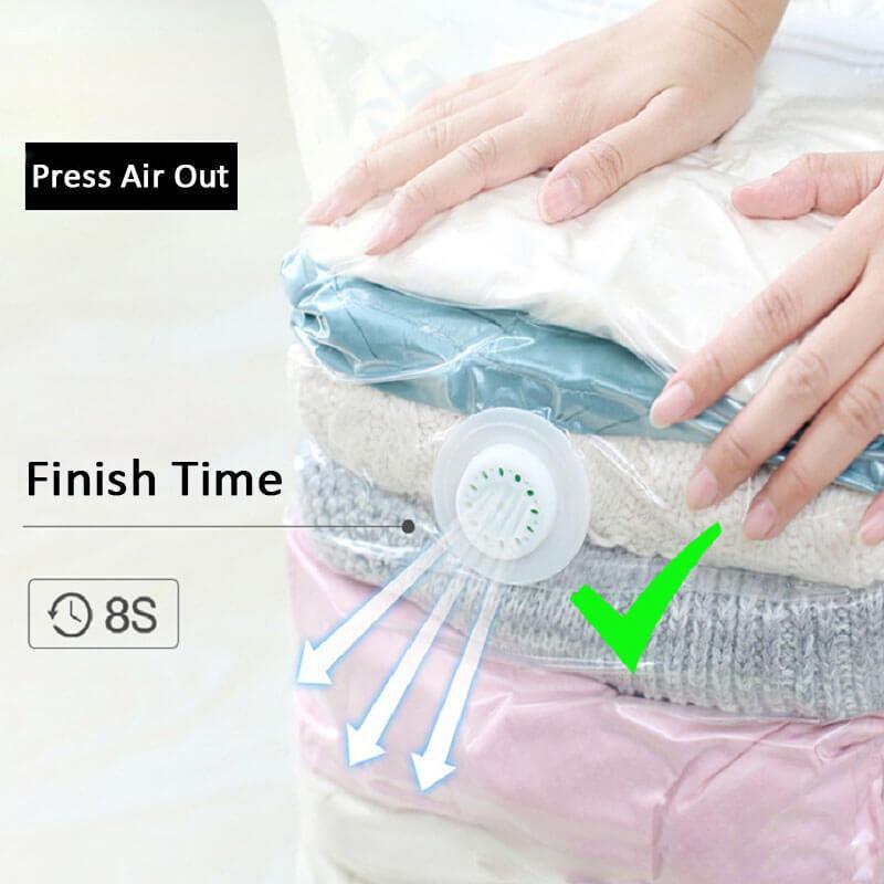 ⏳ENDAST SISTA DAGENS REA!🏆🧳Vakuumförvaringspåsar utan pump – Tryck och förslut, ingen pump behövs. Sparar 80 % utrymme, håller kläderna torra och dammfria. Perfekt för skrymmande sängkläder och utrustning som inte är i säsong. 🛏️🗄️