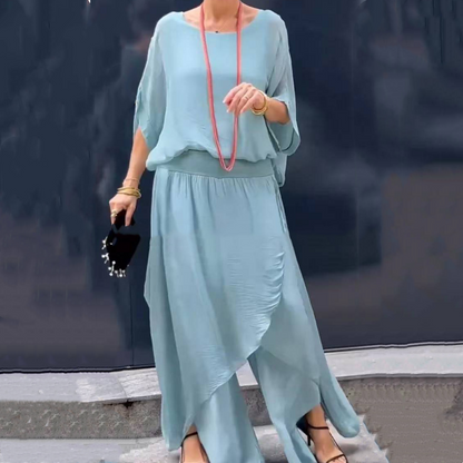 Lös topp & byxor med vida ben Chiffon 2-delat set