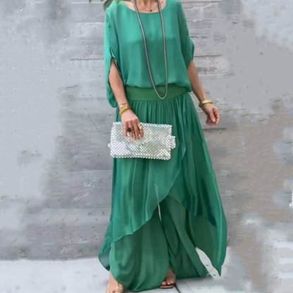 Lös topp & byxor med vida ben Chiffon 2-delat set