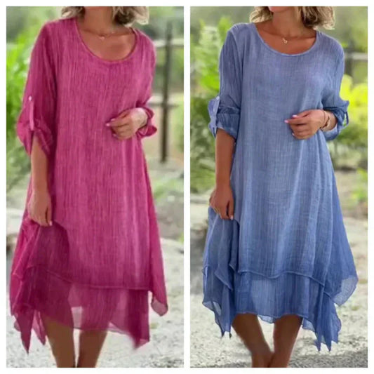 🌼Sista dagen-rea 54% OFF🌼Damklänning i elegant enfärgad rund hals med lös passform