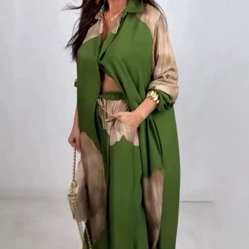 💖Sommarspecialerbjudande🌼Full Button Down lång skjorta och byxor med dragsko