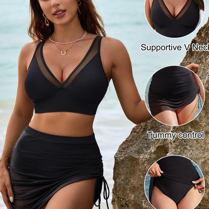 👙Sista dagen – 70 % rabatt💐Bikiniset med badkjol och hög midja – badkläder med formande effekt