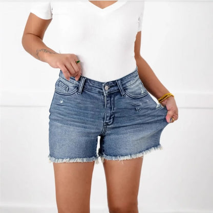 💖SISTA DAGARS REA 60% RABATT🩳Högmidjade denimshorts med fransar och cropp