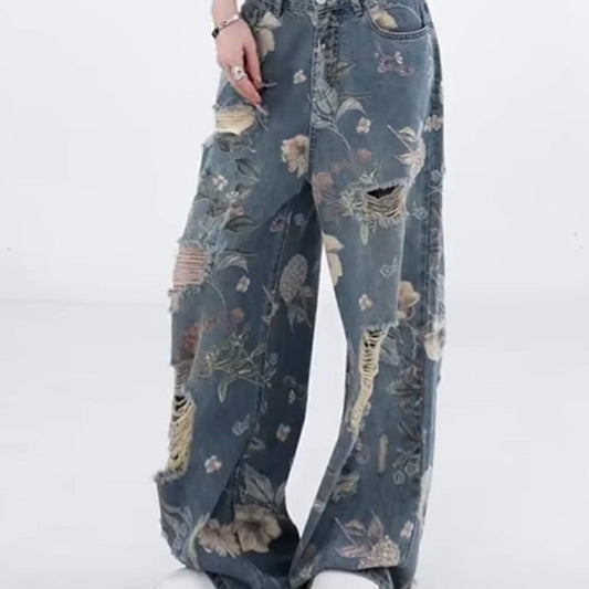 Kvinnors Lösa Rippade Denimjeans med Vida Ben