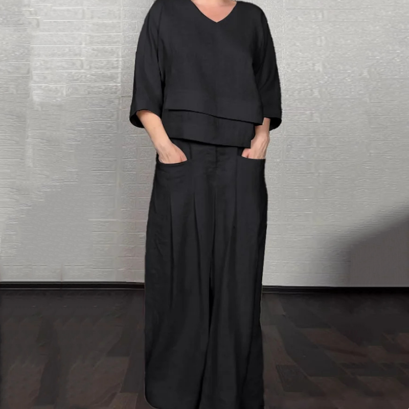 🌈Tvådelat casual set för kvinnor, bomull och linne med oregelbunden fåll och korta ärmar